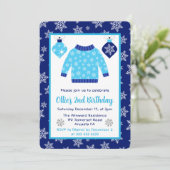 かわいい青と灰のクリスマスジャンパー誕生日 招待状 (スタンド正面)