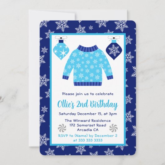 かわいい青と灰のクリスマスジャンパー誕生日 招待状 (正面)