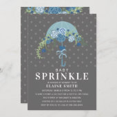 かわいい青と灰色のフローラ傘の赤ちゃんシャワー 招待状 (正面/裏面)
