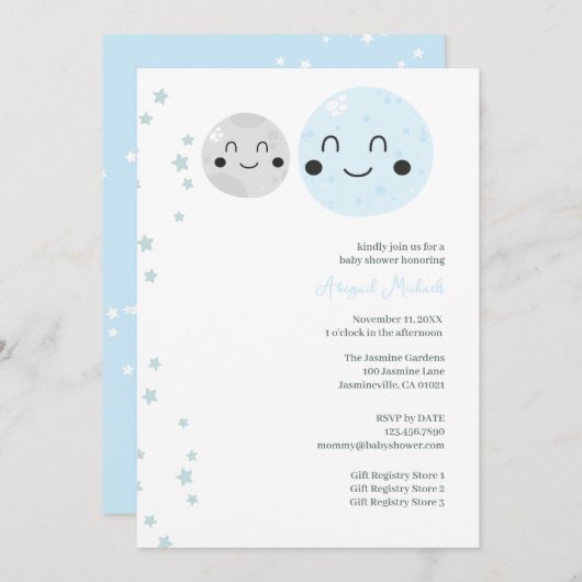 かわいい青と灰色の惑星赤ちゃん女の子シャワー 招待状 (正面/裏面)