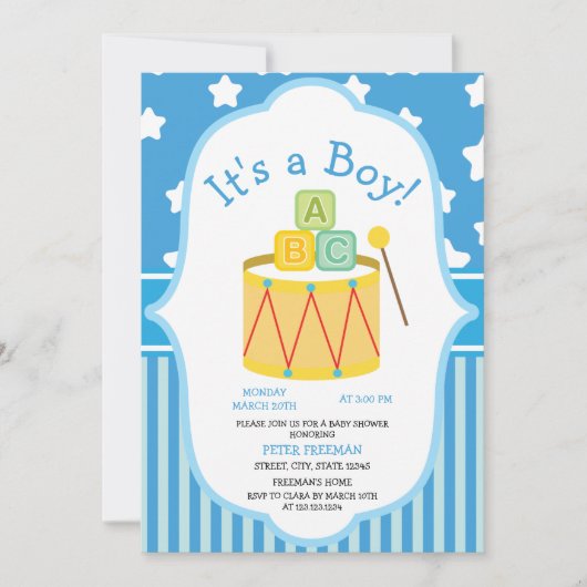 かわいい青と白のおもちゃ男の子の赤ちゃんシャワー 招待状 (正面)