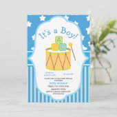 かわいい青と白のおもちゃ男の子の赤ちゃんシャワー 招待状 (スタンド正面)