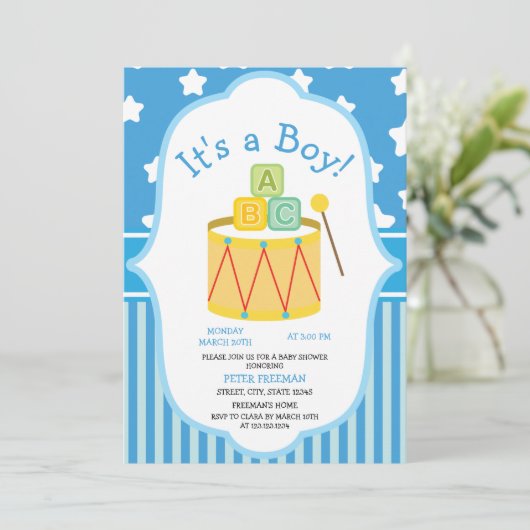 かわいい青と白のおもちゃ男の子の赤ちゃんシャワー 招待状 (スタンド正面)