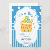 かわいい青と白のおもちゃ男の子の赤ちゃんシャワー 招待状 (正面/裏面)