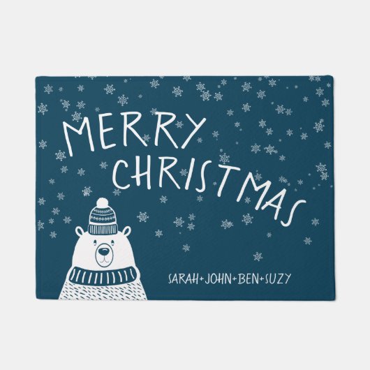 かわいい青と白のクマ陽気なクリスマススノーフレーク ドアマット (正面)