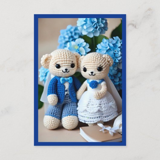 かわいい青と白のクロシェ結婚トのカップル エンクロージャーカード (裏面)