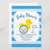 かわいい青と白のゴム製アヒル男の子ベビーシャワー 招待状 (正面/裏面)