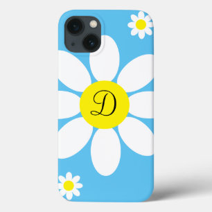 かわいい青と白のデイジーフローラ独身のイニシャル iPhone 13ケース