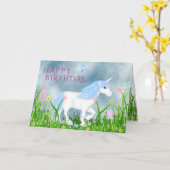 かわいい青と白の一角花誕生日 カード (黄色い花)