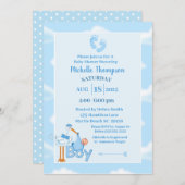 かわいい青と白の男の赤ちゃんストークシャワー 招待状 (正面/裏面)