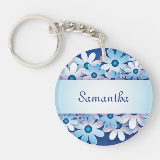 かわいい青と白の花が名前を添える キーホルダー (正面)