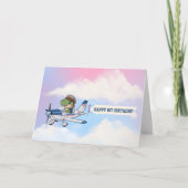 かわいい青と白の飛行機と恐竜のファーストバースデー サンキューカード (正面)