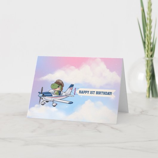 かわいい青と白の飛行機と恐竜のファーストバースデー サンキューカード (正面)