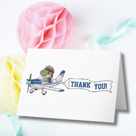 かわいい青と白の飛行機と恐竜の子供の誕生日 サンキューカード