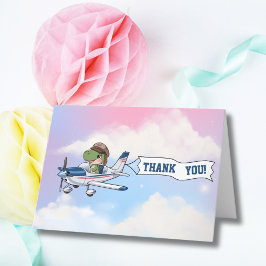 かわいい青と白の飛行機と恐竜の子供の誕生日 サンキューカード