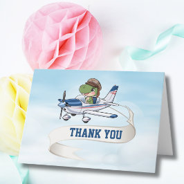 かわいい青と白の飛行機と恐竜の子供の誕生日 サンキューカード