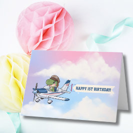 かわいい青と白の飛行機と恐竜の1歳の誕生日 サンキューカード