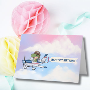 かわいい青と白の飛行機と恐竜の1歳の誕生日 サンキューカード