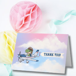 かわいい青と白の飛行機 & 恐竜の子供の誕生日 サンキューカード