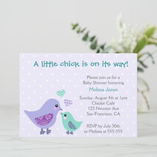 かわいい青と紫の鳥の赤ちゃんシャワーの招待 招待状 (スタンド正面)