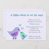 かわいい青と紫の鳥の赤ちゃんシャワーの招待 招待状 (正面/裏面)