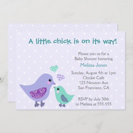 かわいい青と紫の鳥の赤ちゃんシャワーの招待 招待状 (正面/裏面)