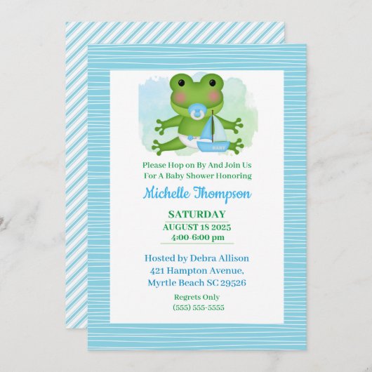 かわいい青と緑のカエル赤ちゃんシャワー 招待状 (正面/裏面)