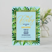 かわいい青と緑の熱帯熱ねえ赤ちゃんシャワー 箔招待状 (立ち正面)