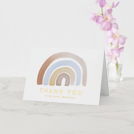 かわいい青と茶色の水色レインボーありがとう 箔グリーティングカード (蘭)