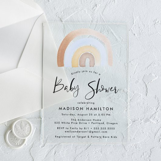 かわいい青と茶色の水色レインボーベビーシャワー アクリル招待状