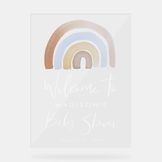 かわいい青と茶色の虹の赤ちゃんシャワーへようこそ アクリルサイン (正面)