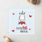 かわいい青と赤のハートのユニコーン子供バレンタインデー ノートカード (正面/裏面インサイチュ)