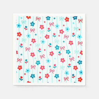 かわいい青と赤の花のリボンパターン愛国 スタンダードカクテルナプキン