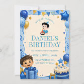 かわいい青と金の男の子誕生日招待状 招待状 (正面)
