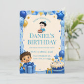 かわいい青と金の男の子誕生日招待状 招待状 (スタンド正面)