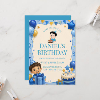 かわいい青と金の男の子誕生日招待状 招待状
