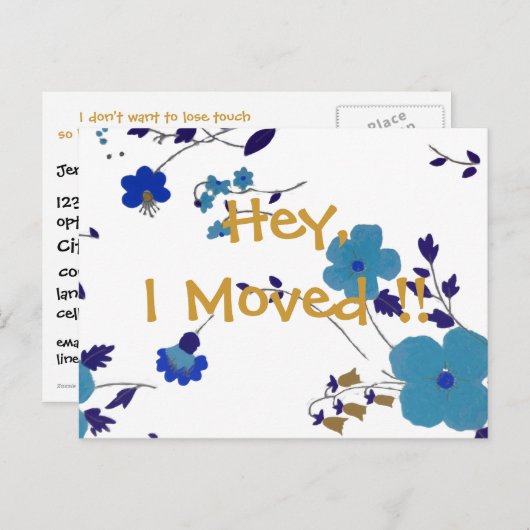 かわいい青と金ゴールド花新しい住所 案内ポストカード (正面/裏面)