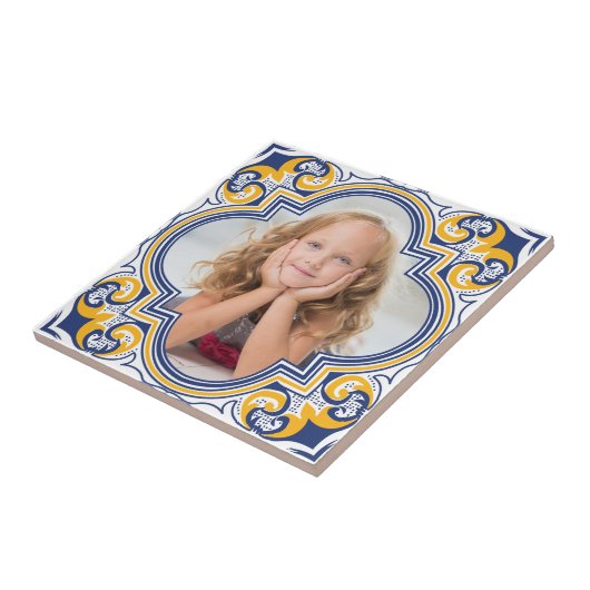 かわいい青と黄色のアズレホス、カスタム写真 タイル (側面)