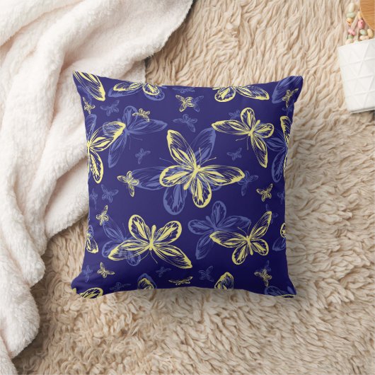 かわいい青と黄色の蝶のパタ図解入りの、写真付きのーン クッション (ブランケット)