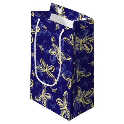 かわいい青と黄色の蝶のパタ図解入りの、写真付きのーン スモールペーパーバッグ (正面アングル)