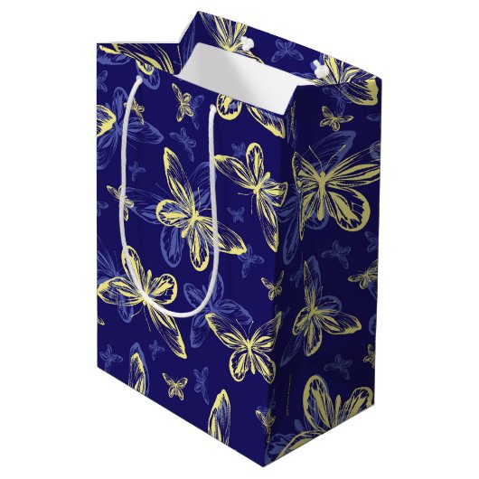 かわいい青と黄色の蝶のパタ図解入りの、写真付きのーン ミディアムペーパーバッグ (裏面アングル)