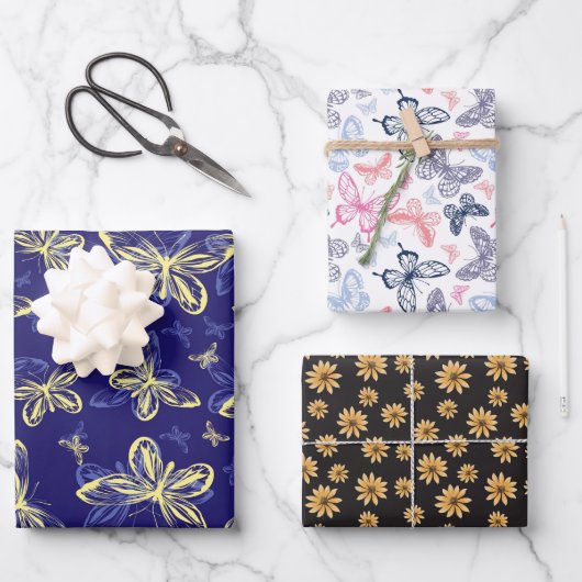 かわいい青と黄色の蝶のパタ図解入りの、写真付きのーン ラッピングペーパーシート (正面)