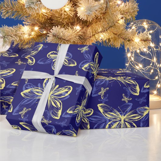 かわいい青と黄色の蝶のパタ図解入りの、写真付きのーン ラッピングペーパー (クリスマス)