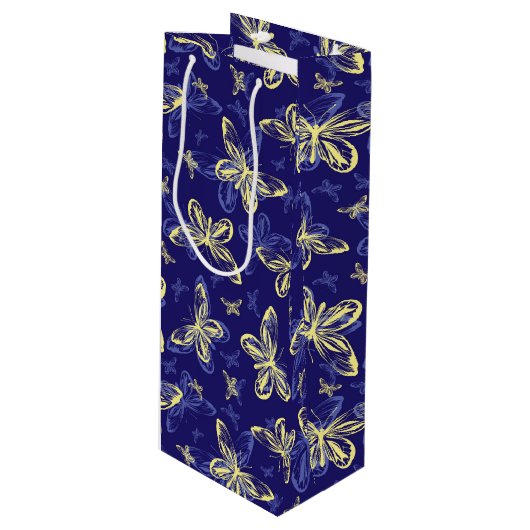 かわいい青と黄色の蝶のパタ図解入りの、写真付きのーン ワインギフトバッグ (正面アングル)