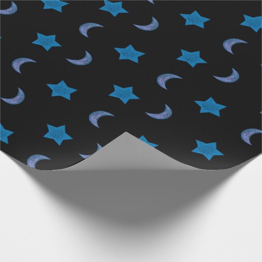 かわいい青と黒の月と星 ラッピングペーパー (角)