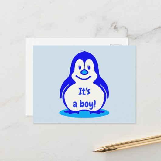 かわいい青にこやかなペンギン男の子のジェンダーが明かす 案内ポストカード (正面/裏面インサイチュ)