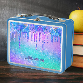 かわいい青のオンブルが垂れたモノグラム メタルランチボックス