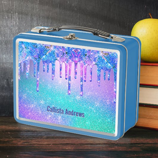 かわいい青のオンブルが垂れたモノグラム メタルランチボックス