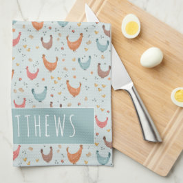 かわいい青の名鶏のファームのパターン キッチンタオル