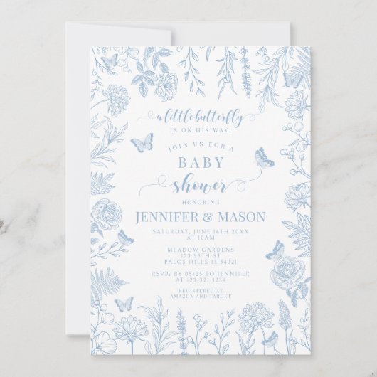 かわいい青の小さな蝶の男の赤ちゃんシャワー 招待状 (正面)